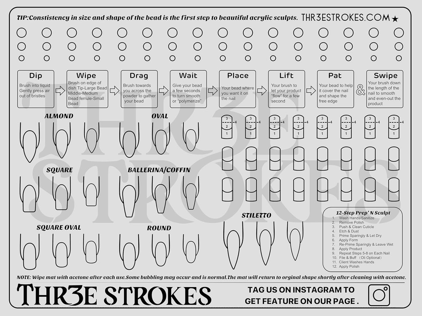 GV93 THR3E STROKES Acrylic Nail Training Mat - Silicone Trainer Sheet for Application Practice, Flexible Roll Up Pad Template for Acrylic Fingernails, Learn How to Apply Acrylic Nails Mixed color design will be shipped in Silver & Gold.