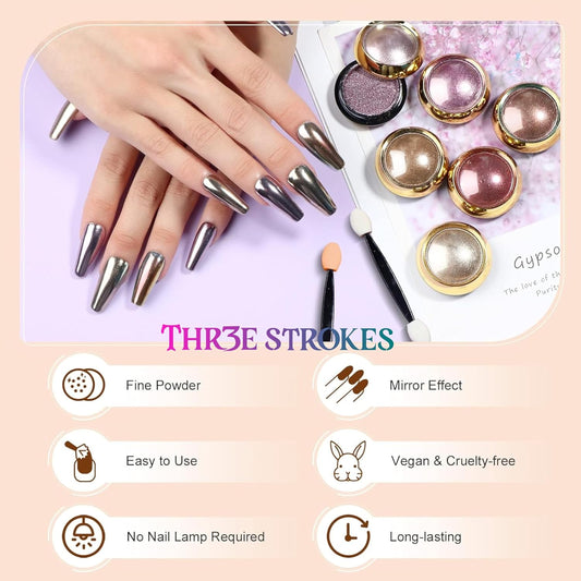 GV58 THR3E STROKES Chrome Nail Powder Metallic Mirror Glitter Effect Pigment Iridescent Aurora Mermaid Pearl Dust Kit for Gel Polish Nail Art Decoration, Resin Craft Arylic Powder (6) (Each 0.5gm)