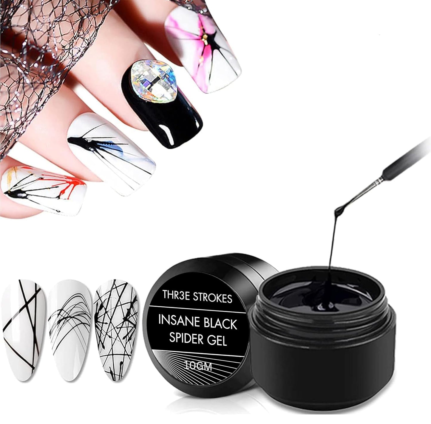 GV112 THR3E STROKES Black Spider Gel Polish Kit Nail Spider Gel Paint For Nail Art Polish Thin Brush Spider Nail Gel Art Paint For Nails Uv Led Nail Polish Drawing Painting Black White Gel Nail Polish Kit (BLACK)