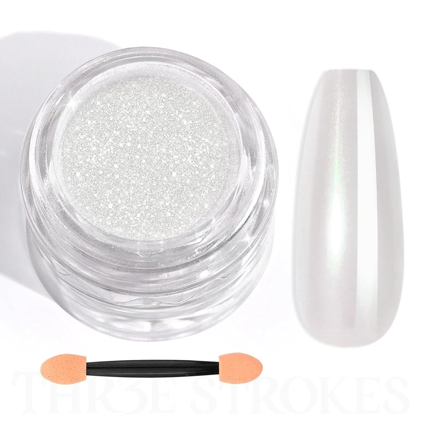 GV51 THR3E STROKES White Pearl Chrome Nail Powder - 1g Mirror Effect Chrome Powder for Gel Nails, Metallic Mermaid Chrome Nail Powder for Gel Polish, Pearl Nail Powder Glitter Dust Kit for Nail Art Decorations (WHITE PEARL)