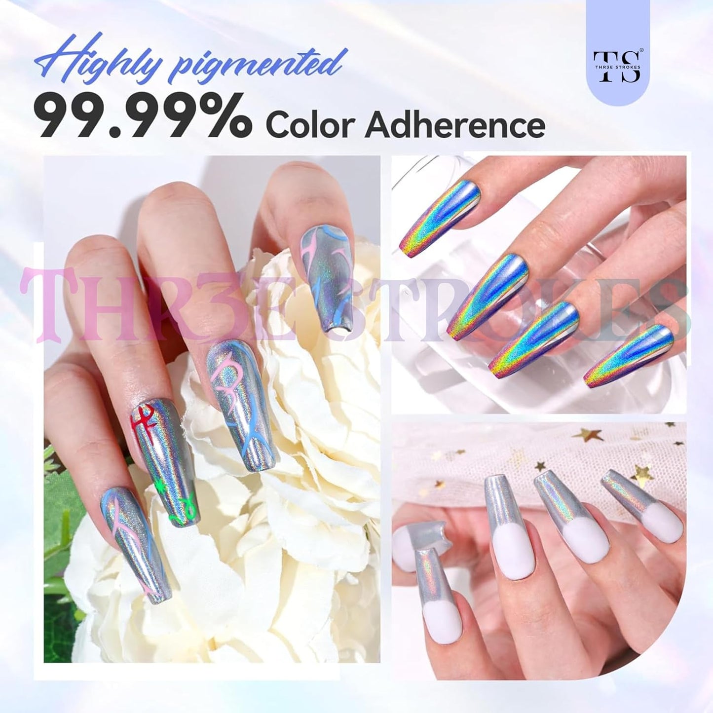 GV50 THR3E STROKES Holographic Chrome Nail Powder - 1g Mirror Laser Effect Holographic Chrome Powder for Gel Nails, Rainbow Holo Nail Glitter Dust Holographic Pigment Powder for Manicure Nail Art Decorations (Holographic Silver)