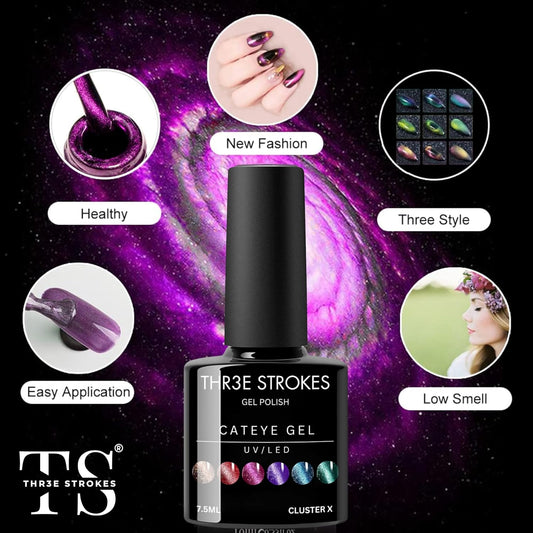 GV41 THR3E STROKES 9D Cat Eye Gel Nail Polish Set, Magnetic Gel Polish 7.5 ml 6 Colors with , Chameleon Galaxy Shiny Magic Effect Cateye Nail Gel Soak off Nail Art Gift for Women COMET 69