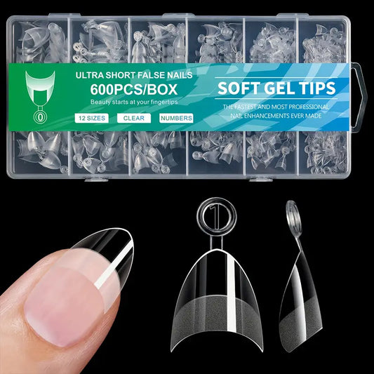 GV773 600pcs Artificial Acrylic Square False Nail Tips – Short Almond Press-On Nails with Glossy Finish, Transparent & Pastel Colors for Natural Look and Daily Wear