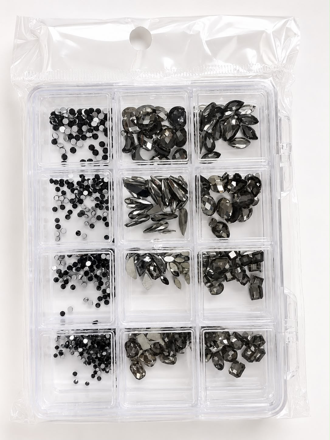 GV1148 Black & Smoky Grey Assorted Nail Art Rhinestones & Crystal Charms – 12-Compartment Set