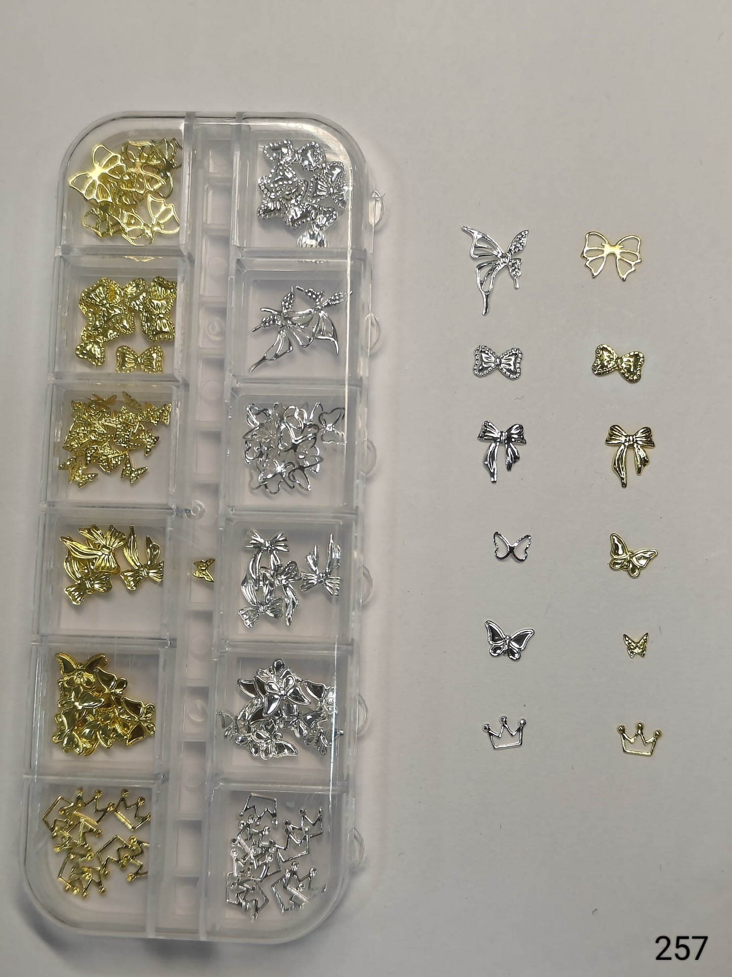 GV636 Gold & Silver Nail Charms Set – Butterfly, Bow & Crown Designs (257)