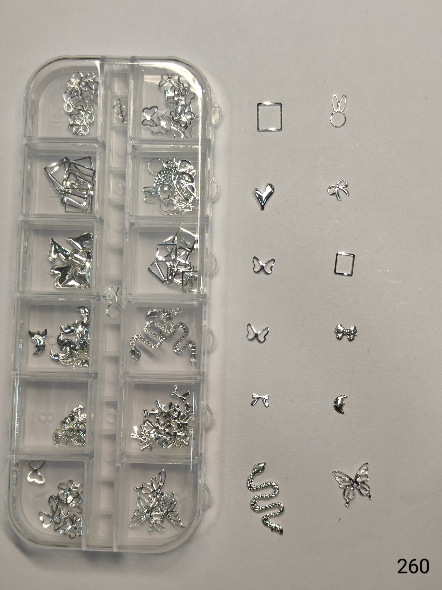 GV637 Silver Nail Charms Set – Butterfly, Snake, Heart, Moon & Bow Designs (260)