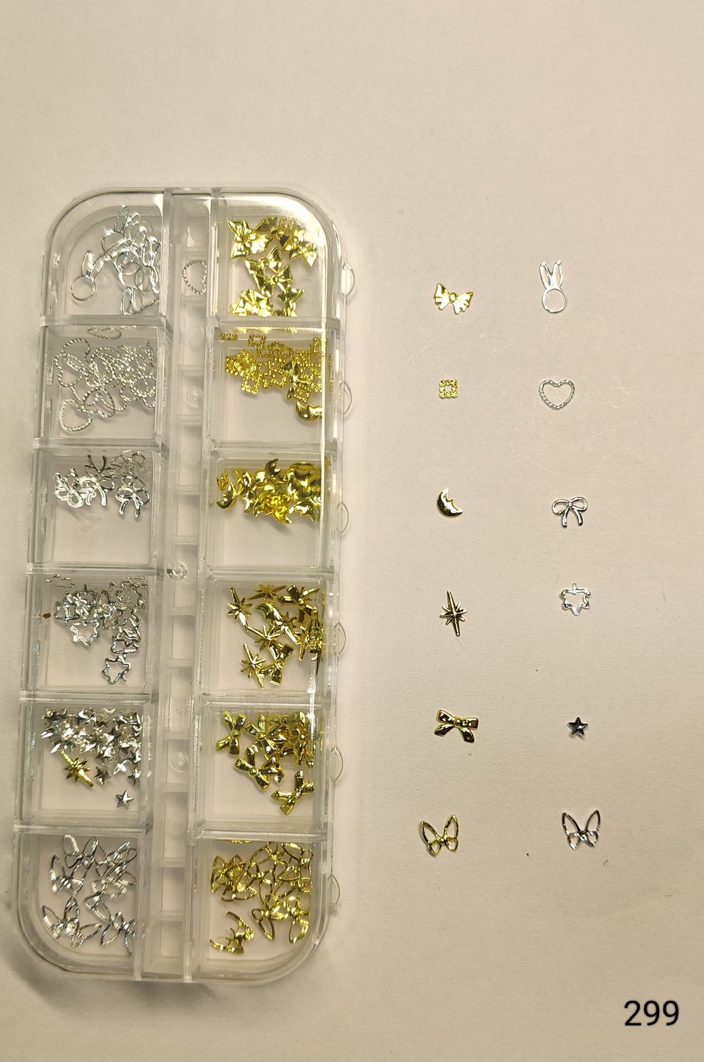 GV641 12 Grid Gold & Silver Nail Art Charms Set – 3D Metal Nail Decoration Box (299)