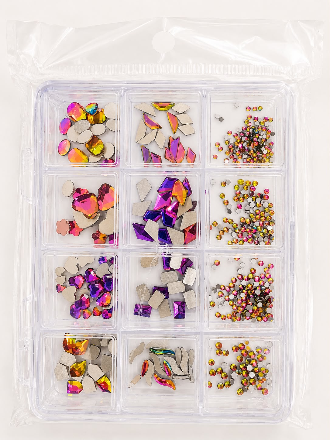 GV1141 Iridescent Crystal Nail Art Rhinestone Kit – Multi-Shape AB Gem Set with Grid Storage Organizer