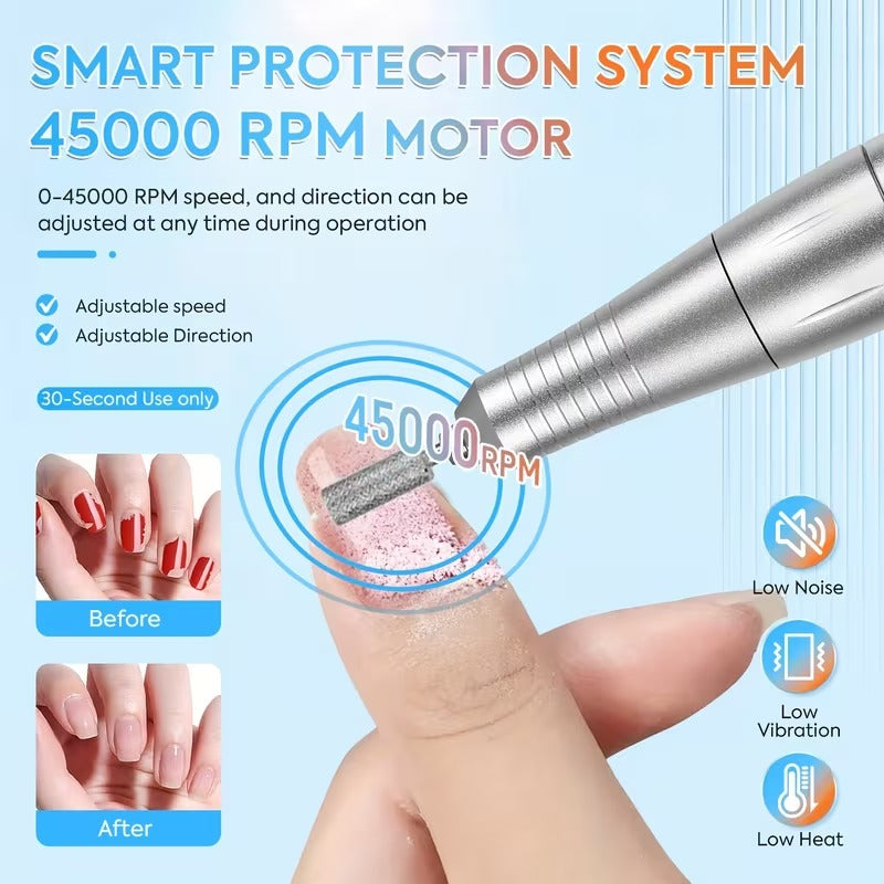 GV1098 Cute Bear Electric Nail Drill Machine 45000 RPM – Portable Rechargeable Nail File Kit with LCD Display for Acrylic, Gel Nails, Manicure & Pedicure