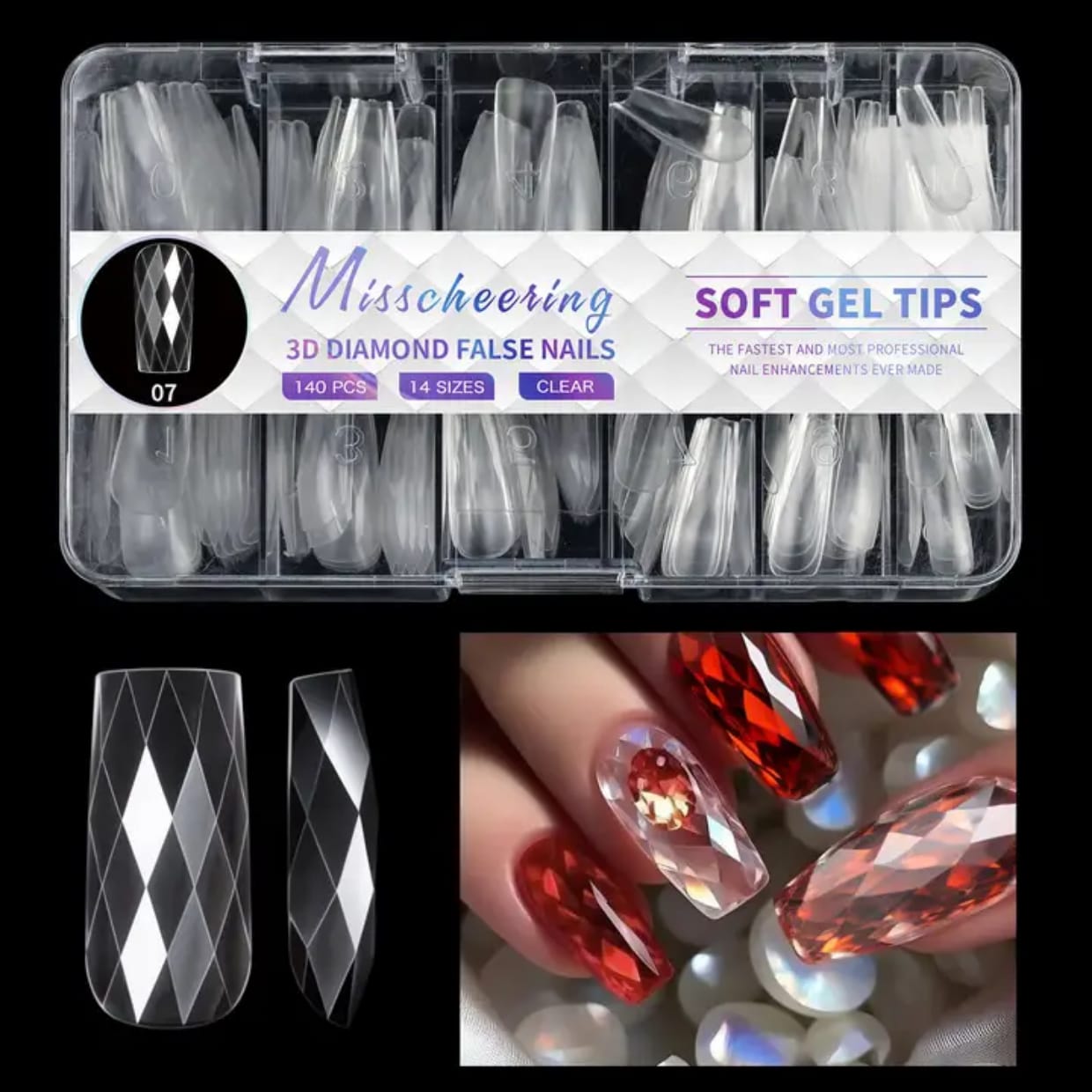 GV726 3D Diamond Shaped Polygel Nail, Extension Clear Full Cover False Nail Tips, Hybrid Gel Acrylic Nail