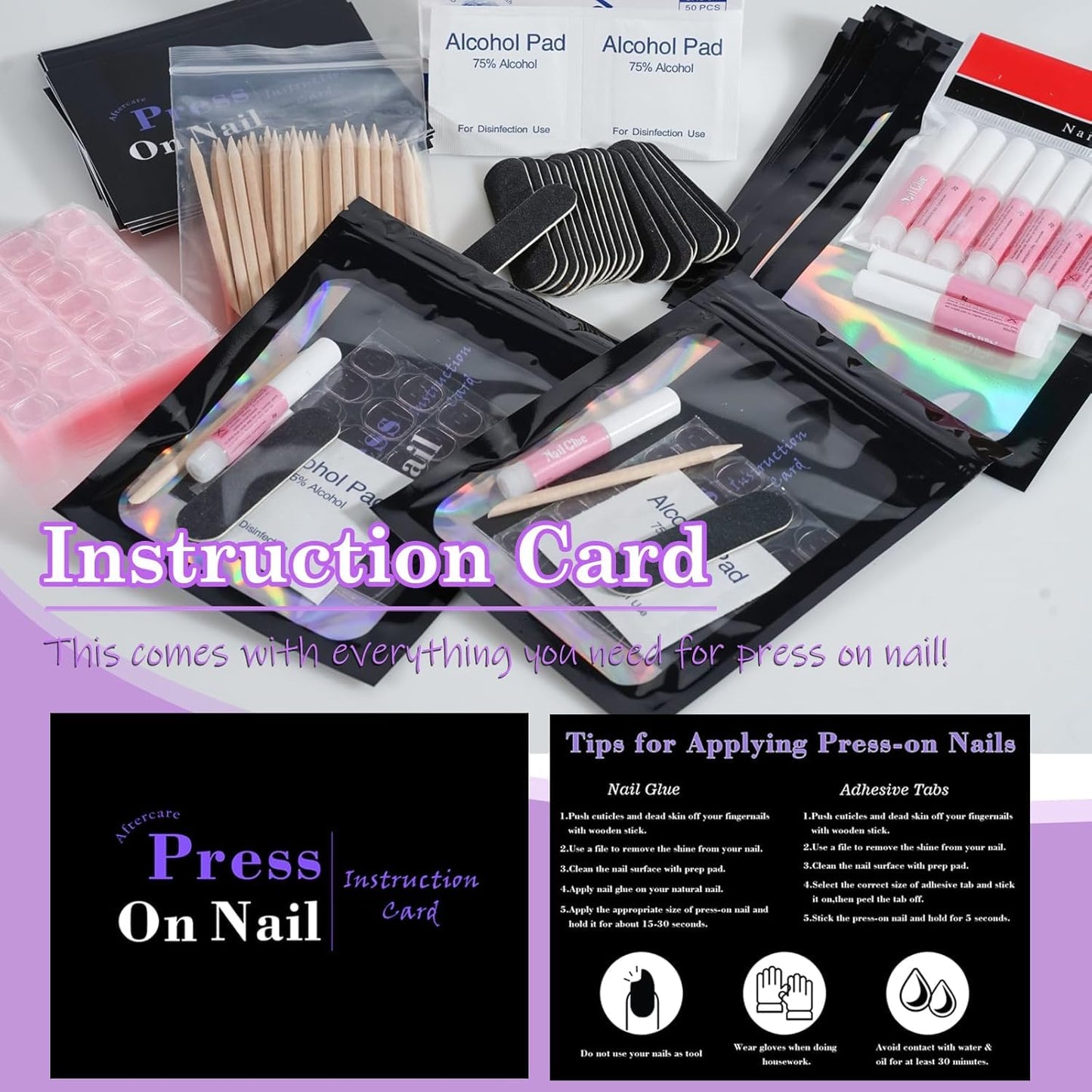GV1003 INOG Disposable Nail Supplies Kits,Professional Manicure Press On Nail Tool Kit With Nail File,Adhesive Tabs,Nail Glue,Sticks, Prep Pads,Bags,Cards for Nail Business(Black-140pcs20set)
