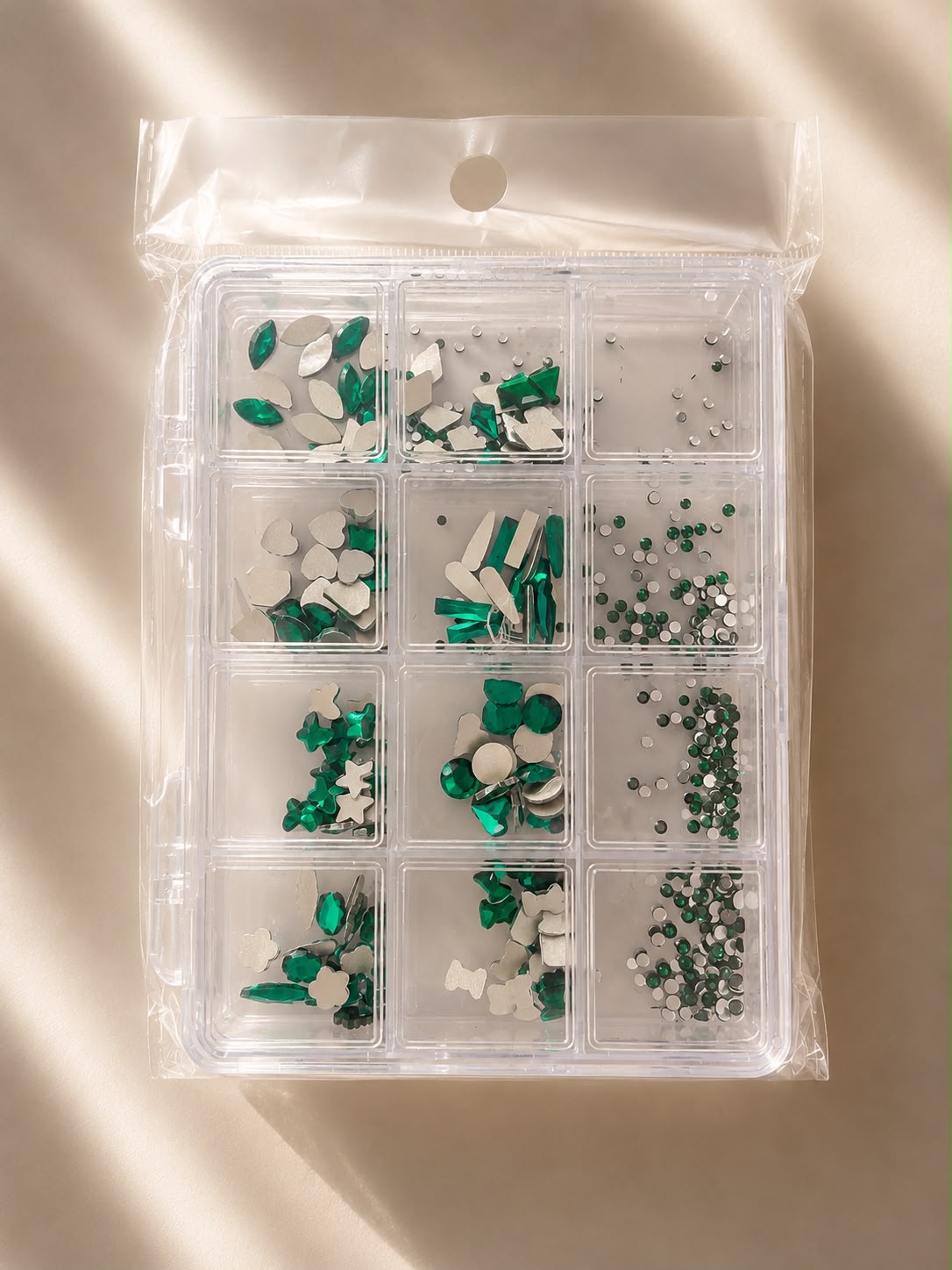 GV1143 Luxury Emerald Green Nail Art Crystal Kit – Multi-Shape Flatback Gem Set with Storage Grid