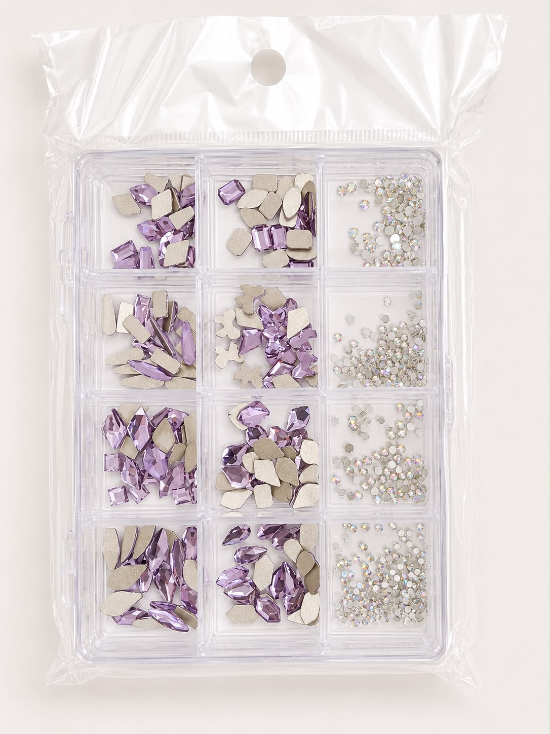 GV1150 Lavender AB Crystal & Rhinestone Nail Art Charms – 12-Compartment Assorted Set