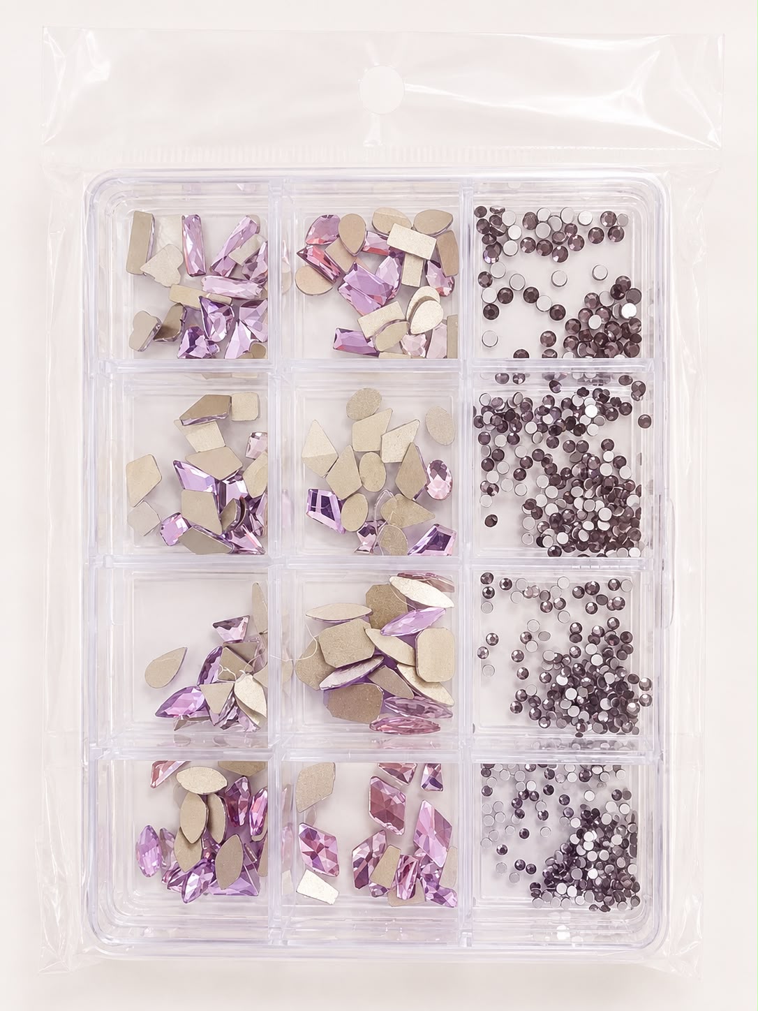 GV1149 Lavender Pink Assorted Nail Art Rhinestones & Crystal Charms – 12-Compartment Set