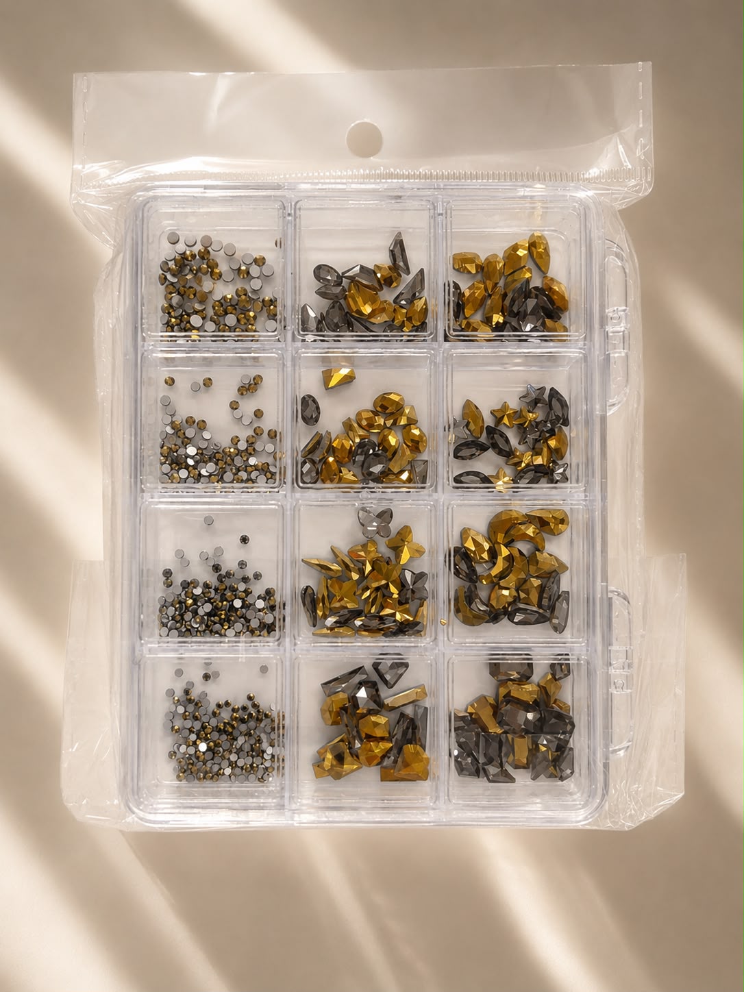 GV1145 Smoky Hematite & Metallic Gold Crystal Nail Art Kit – Multi-Shape Glass Gem Collection with Storage Case