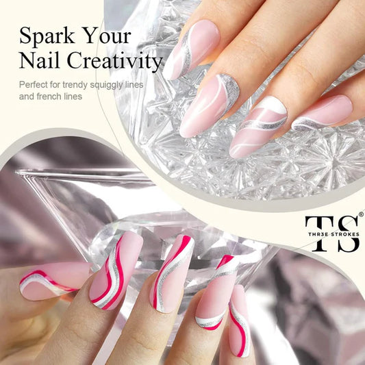 GV1090 THR3E STROKES Rose Gold Mirror Liner Gel 10ml – Metallic Chrome Nail Art Painting Gel with Fine Brush for UV/LED Gel Nail Designs
