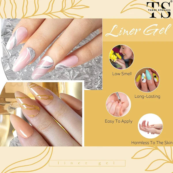 GV1089 THR3E STROKES Gold Mirror Liner Gel 10ml – Metallic Chrome Nail Art Painting Gel with Fine Brush for UV/LED Gel Nail Designs