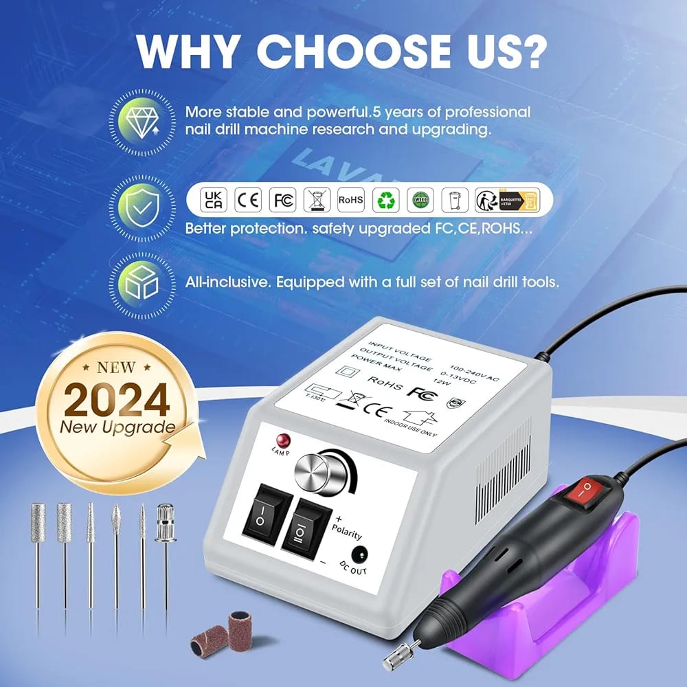 GV851 Electric Nail Drill Machine 12W – Professional Manicure & Pedicure Kit with 6 Bits & Sanding Bands