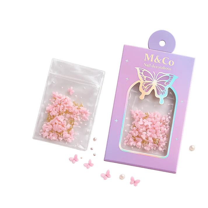 GV1109 M&Co 3D Pink Butterfly Nail Art Decorations Set – Mixed Sizes, Caviar Pearls, and Gold Accents