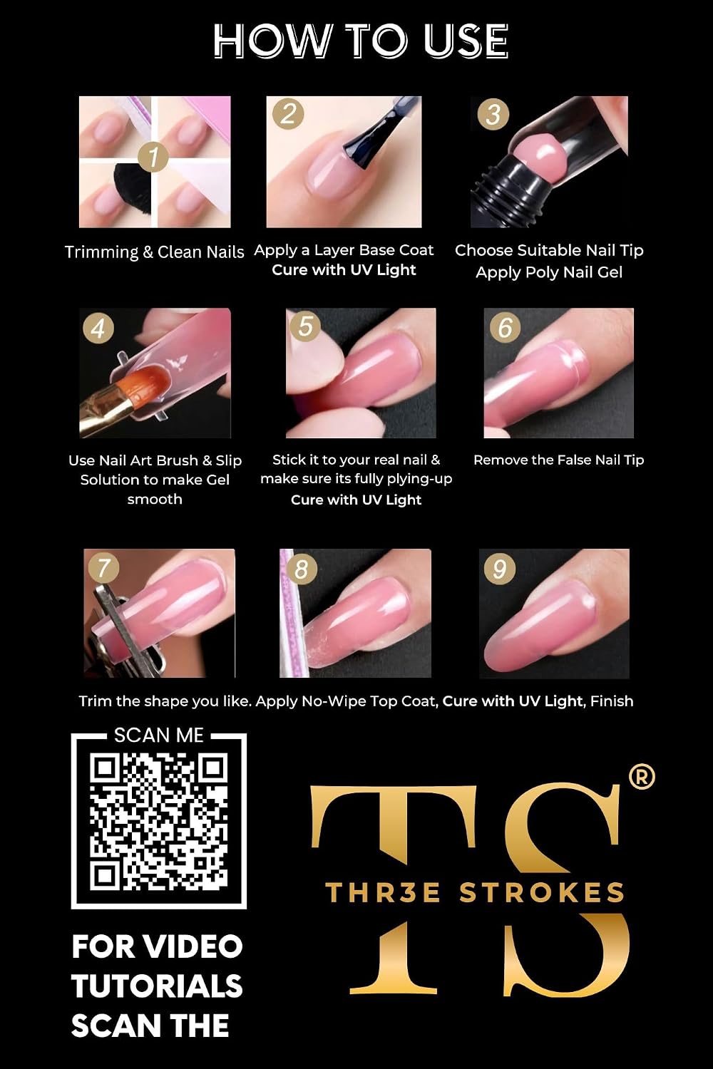 GV1149 THR3E STROKES Poly Gel Nail Kit 6 Colors with 6W Nail Lamp Extension Gel Kit Nude Clear Pink Black Glitter Complete Starter Tools for Beginner Thickening Solutions DIY at Home for Women(MINIMUM 180S TO DRY)(BEGGINERS KIT) (1)
