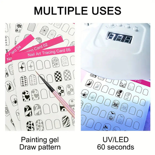 GV756 10PCS MSOKAY Reusable Nail Art Practice Cards – Step-by-Step Design Guides, Press-On & Acrylic Nail Training Sheets for Beginners & Professionals