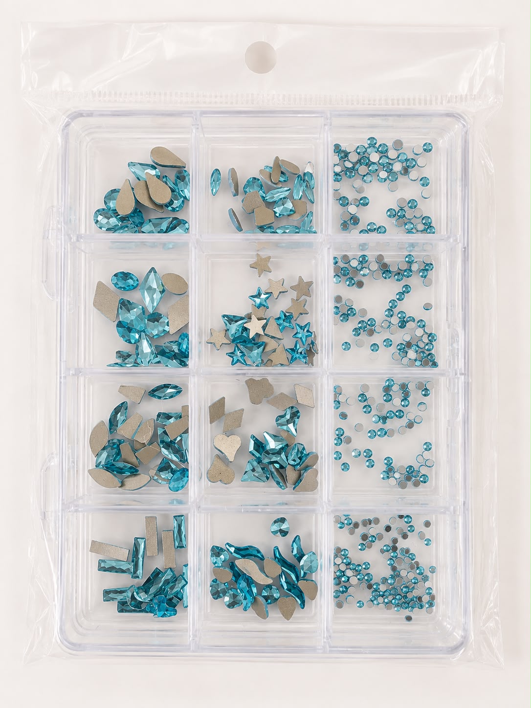 GV1139 Blue Assorted Nail Art Rhinestones & Crystal Charms – 12-Compartment Set