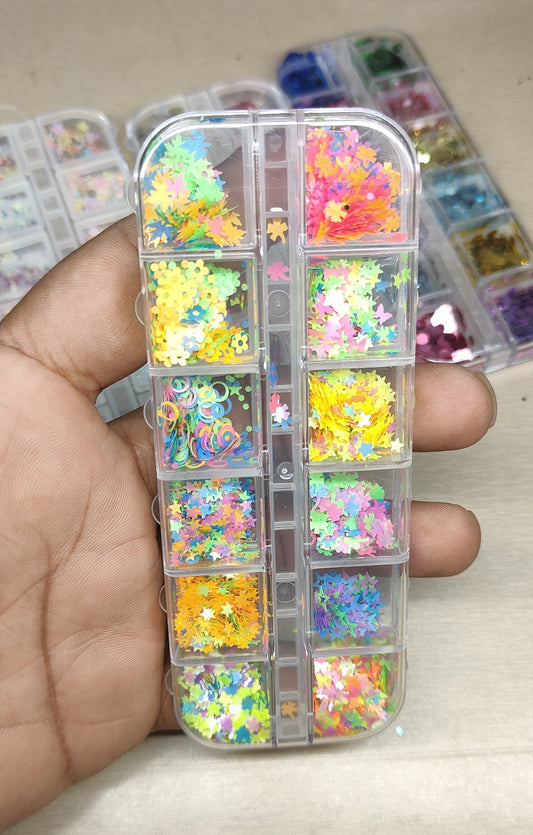 GV784 12-Grid Neon Flower & Star Nail Art Sequin Box – Multi-Shape Holographic Glitter Mix for DIY Nails