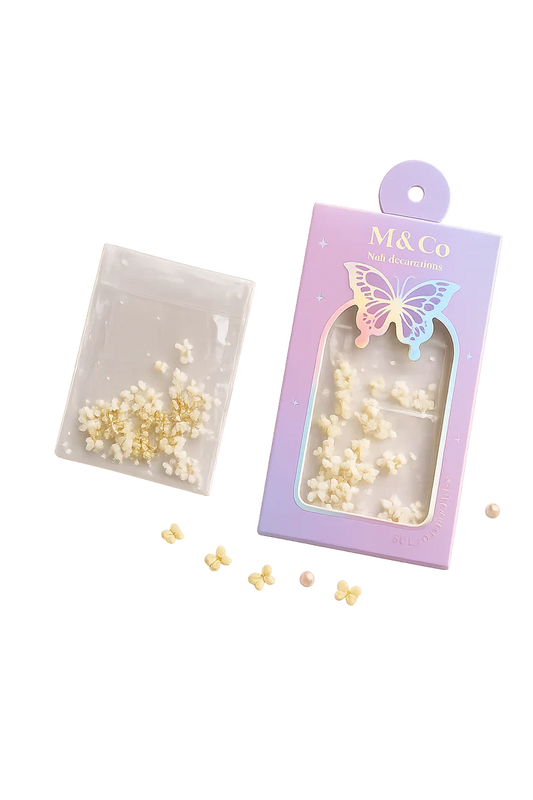 GV1111 M&Co 3D White Bow Knot Nail Art Decorations Set – Mixed Sizes, Pearls, and Gold Accents