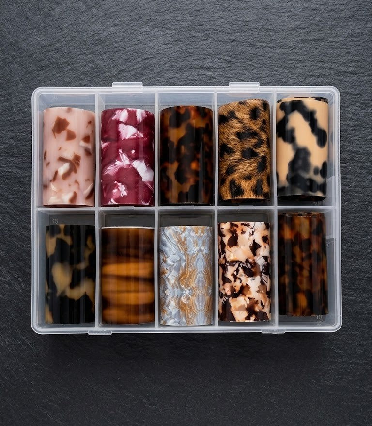 GV1091 Nail Art Transfer Foil Set – Marble, Tortoiseshell & Leopard Print Nail Foils Collection for Gel, Acrylic & DIY Nail Designs (10 Rolls)