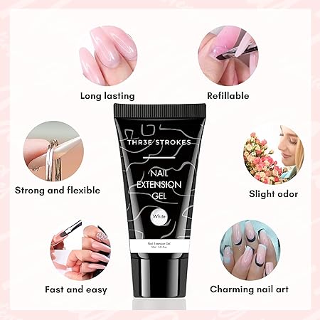 GV187 THR3E STROKES Poly Nail Gel Extension Kit, UV Nail Lamp, Builder Gel, Slip Solution, Nail Art Kit (CLEAR)