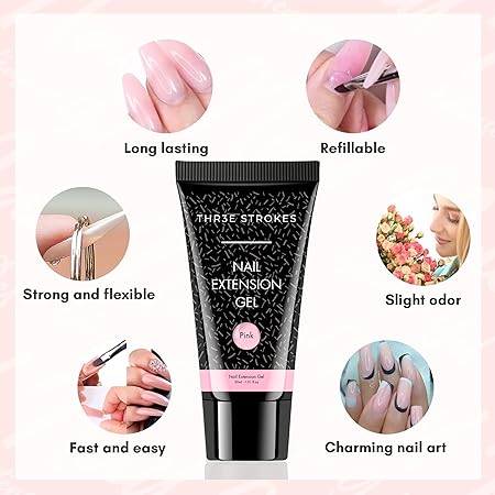 GV210 THR3E STROKES Poly Nail Gel Extension Kit for Builder Gel, UV Nail Art Kit, Nail Extension Set, Glue-Free Manicure and Pedicure Set (WFF)(PINK,WHITE,CLEAR)