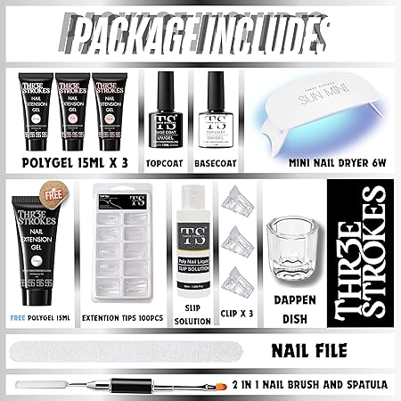 GV224 THR3E STROKES Poly Nail Gel Extension Kit for Builder Gel UV Nail Art Kit Nail Extension Set 15 ML EACH (Pink, Clear, White, Nude ) (GEMZ KIT)