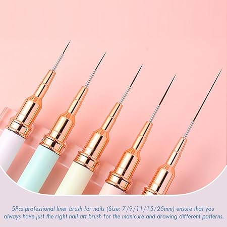 GV230 THR3E STROKES Nail Art Liner Brushes, 5Pcs Gel Polish Painting Art Design Pen Set Striping Brushes for Thin Long Lines, Tiny Details, Fine Drawing, Delicate Coloring Sizes 7/9/11/15/25mm (MIXED COLOR LINER BRUSH SET OF 5)