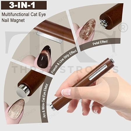 GV245 THR3E STROKES 3 in 1 Nail Magnet, Multifunctional Cat Eye Gel Nail Polish Magnet Pen, 3D Magnetic Nail Polish Stick for Home DIY, Salon, Studio, Nail Art Design Tools (3 IN 1)(DARK BROWN)