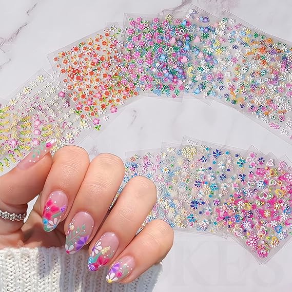 GV257 THR3E STROKES 30 Sheets Flowers Nail Art Stickers Decals 3D Self-Adhesive Colorful Flower Rose Daisy Cherry Blossoms Nail Stickers Design Flowers Nail Art Supplies Charms for Nail Art Tips (D19)