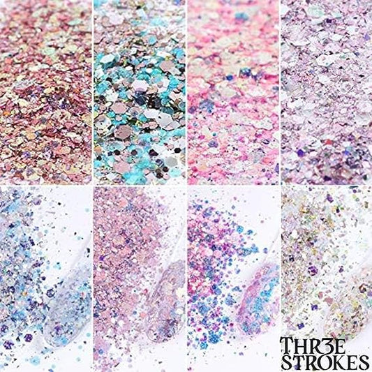 GV259 THR3E STROKES Holographic Nail Glitter Mermaid Powder, 8 Boxes/Set, Hexagon Flakes, Shiny Charms, Nail Art Pigment Dust Decoration, Manicure (D29)