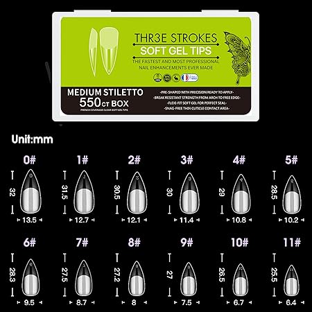 GV273 THR3E STROKES Soft GelNail Tips, Full Cover Clear Soft NailTips for Artificial False Nails Extension Nail Salons DIY NailArt with Box, 550PCS (MEDIUM STILLETO N20)