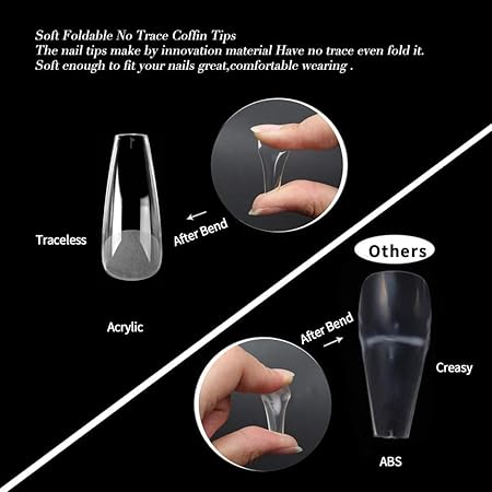 GV280 THR3E STROKES Soft Gel NailTips, Full Cover Clear Soft Nail Tips for Artificial False Nails Extension Nail Salons DIY NailArt with Box, 550PCS (LONG COFFIN P6)