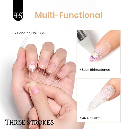 GV283 THR3E STROKES Upgrade 3 in 1 NailGlueGel for False NailTips, 20g Super Strong Nail GelGlue for NailExtension SoftGel NailTips and 3D NailArt RhinestoneGlue Soak Off UV NailGel Long Lasting
