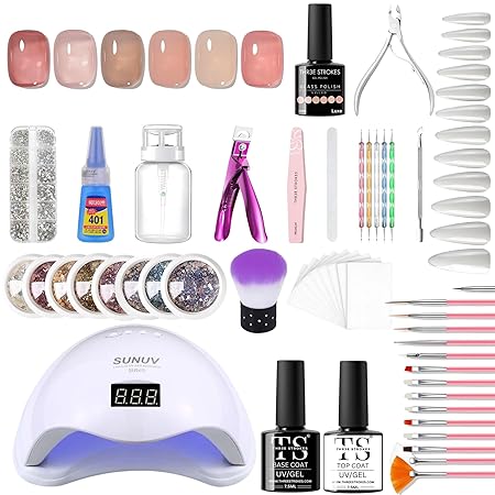 GV297 THR3E STROKES Moonstone Nail Extension Kit - 6 Gel Polishes (7.5ml) | 48V UV Nail Lamp | 500 Stiletto Nail Tips & Rhinestones | Professional Nail Art Tools | Base & Top Coat | DIY & Salon Use (MOONSTONE KIT) (LUXE)