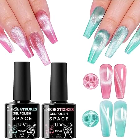 GV331 THR3E STROKES Cat Eye Gel Nail Polish, 2 PCS 15ML Pink Sliver Holographic 9D Cat Eye Glitter Multichrome Gel Polish Nail Gel Polish Magnet Soak Off Led Nail Art Gel DIY Salon Gift (CE5,CE2)