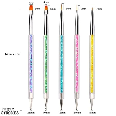 GV334 THR3E STROKES Double-Ended Acrylic Nail Brushes, 5pcs Set Including 7/9/11mm Liner Brush, Flat Brushes and Dotting Tools for Art Design (NBS2)