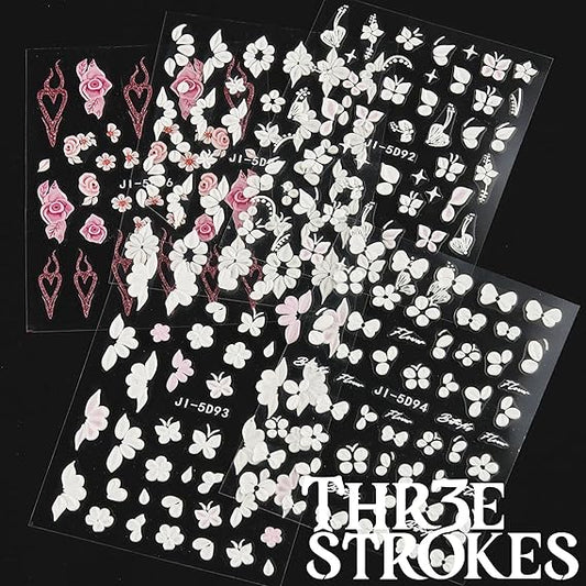 GV338 THR3E STROKES 5D Embossed White Flowers Nail Stickers, 5 Sheets Self-Adhesive Floral Decals, Spring Art, Rose Butterfly for Nails, 3D Acrylic Flowers (D15)