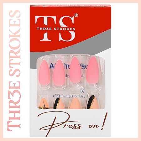 GV356 THR3E STROKES Press-On Nails, FakeNails Manicure set Salon look Nails Includes 24Nails, 1sheet gluetabs,1 Alcohol wipe,1 Manicure Stick, 1 Mini file. (PN-4)