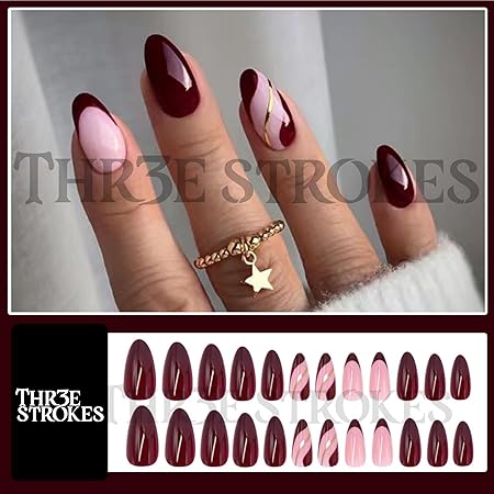 GV357 THR3E STROKES Press-On Nails,Fake Nails Manicure set Salon look Nails Includes 24Nails, 1sheet gluetabs,1 Alcohol wipe,1 Manicure Stick, 1 Mini file. (PN-5)