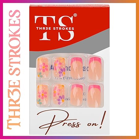 GV358 THR3E STROKES Press-On Nails,Fake Nails Manicure set Salon look Nails Includes 24Nails, 1sheet gluetabs,1 Alcohol wipe,1 Manicure Stick, 1 Mini file. (PN-7)
