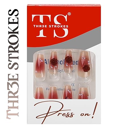 GV360 THR3E STROKES Press-On Nails,Fake Nails Manicure set Salon look Nails Includes 24Nails, 1sheet gluetabs,1 Alcohol wipe,1 Manicure Stick, 1 Mini file. (PN-9)