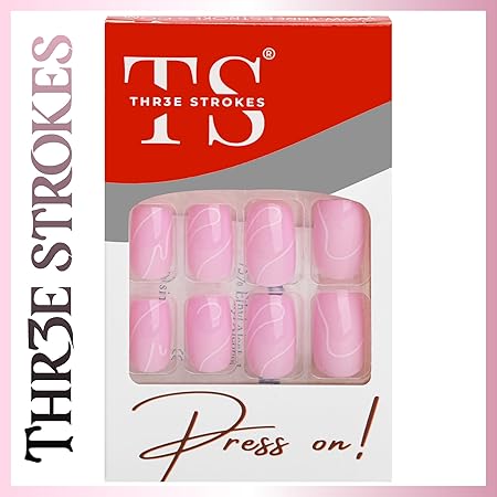 GV362 THR3E STROKES Press-On Nails,Fake Nails Manicure set Salon look Nails Includes 24Nails, 1sheet gluetabs,1 Alcohol wipe,1 Manicure Stick, 1 Mini file. (PN-12)