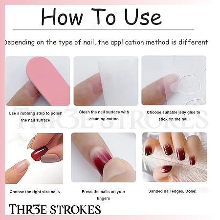 GV366 THR3E STROKES Press-On Nails,Fake Nails Manicure set Salon look Nails Includes 24Nails, 1sheet gluetabs,1 Alcohol wipe,1 Manicure Stick, 1 Mini file. (PN-16)