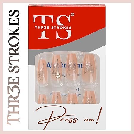 GV370 THR3E STROKES Press-On Nails,Fake Nails Manicure set Salon look Nails Includes 24Nails, 1sheet gluetabs,1 Alcohol wipe,1 Manicure Stick, 1 Mini file. (PN-21)